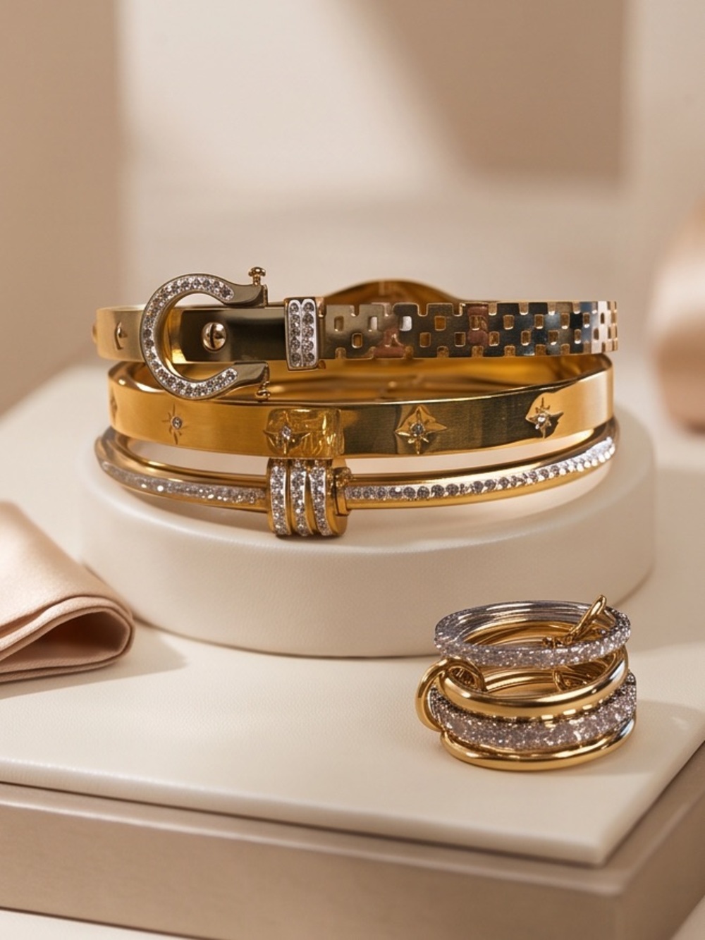 ON SALE 4 Pc Gold Bangle & Stacking Ring Set | 18K Gold-Plated Stainless Steal